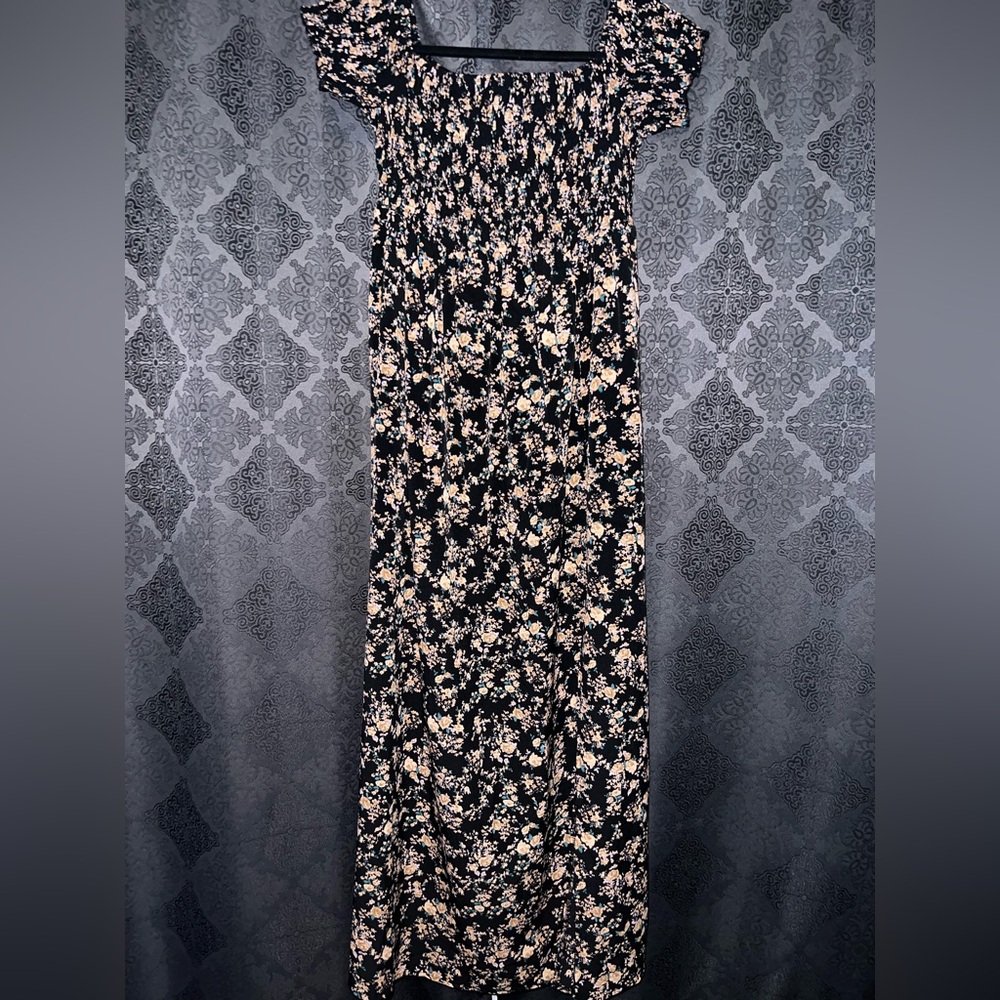 SHEIN Black Floral Dress with Cream and Green Accents